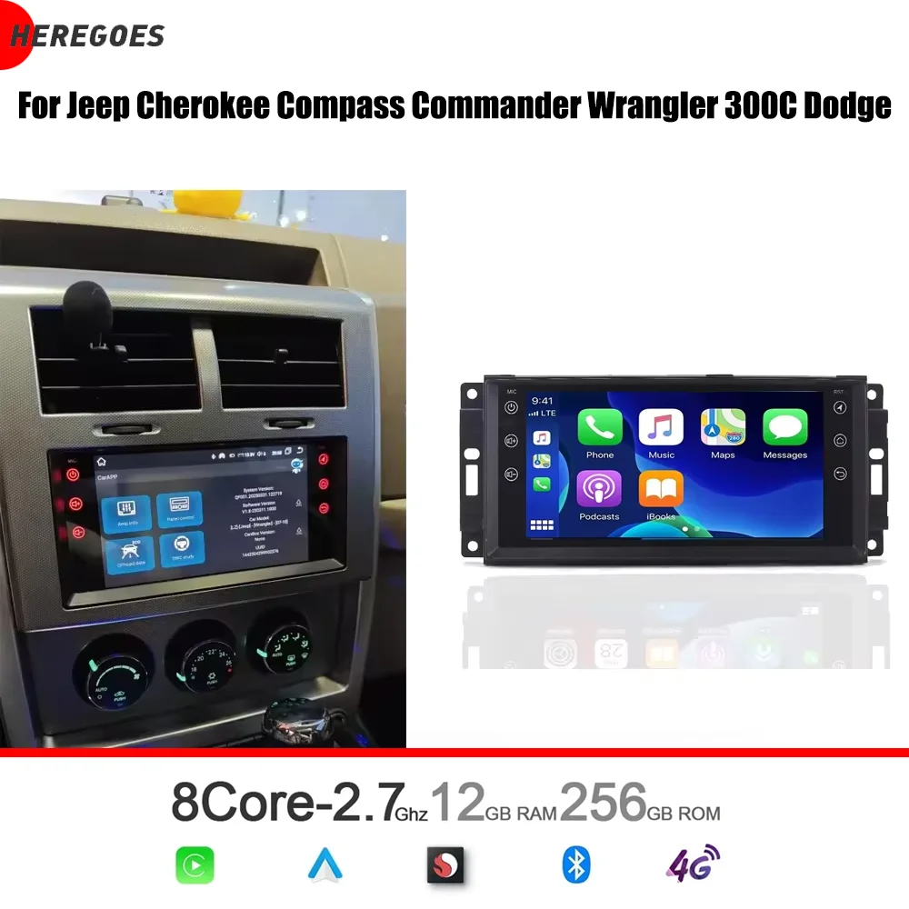 7-Zoll-CarPlay-Android-15.0-Autoradio mit 12GB RAM und 256GB ROM, GPS-Multimedia für Jeep Cherokee, Compass, Commander, Wrangler, 300C und Dodge