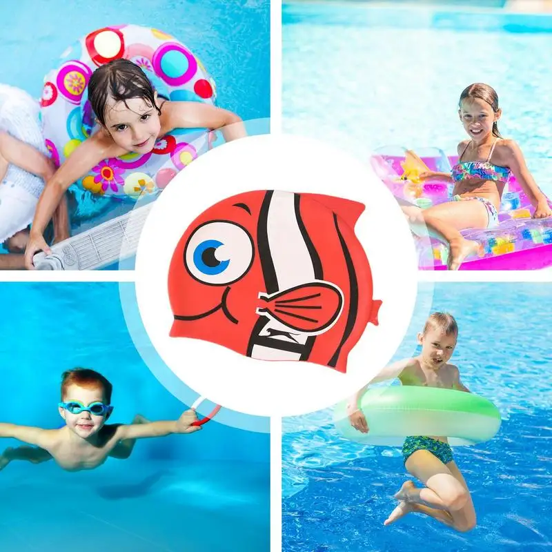 Children Elastic Swimming Hats Stretchy Swimming Hat In Cartoon Fish Shape Soft Silicone Swim Bathing Caps For Swimming Lessons 5