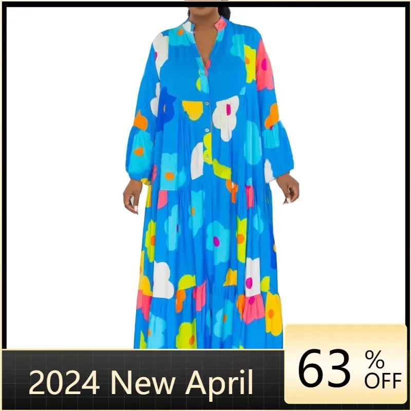 2024 Spring New Arrival African Women Long Sleeve V-neck Print Long Maxi Dress Dashiki African Dresses for Women Outfits Gowns