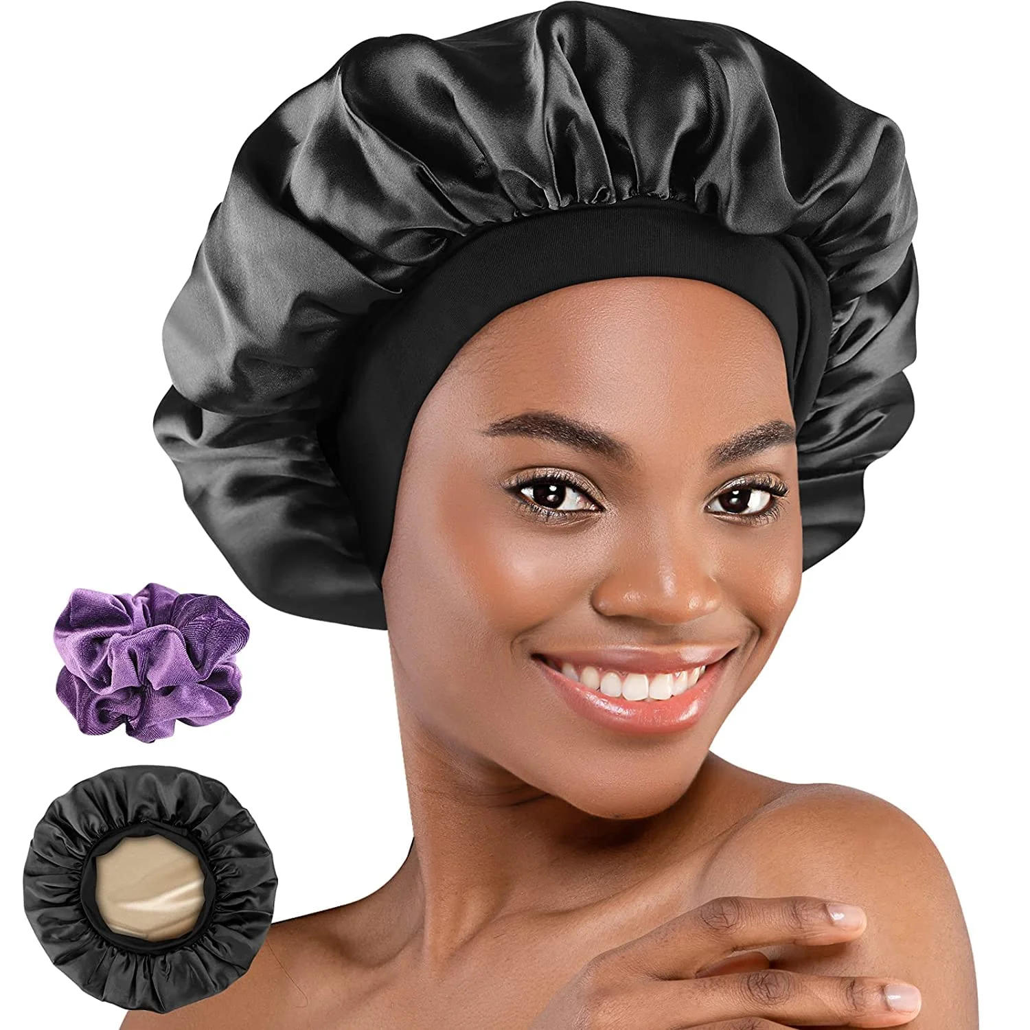 Satin Bonnet, Hair Wrap Adjustable Sleep with 2 Pieces of Scrunchies for Women Men Double Layer Lined Bonnets for Curly Braid H