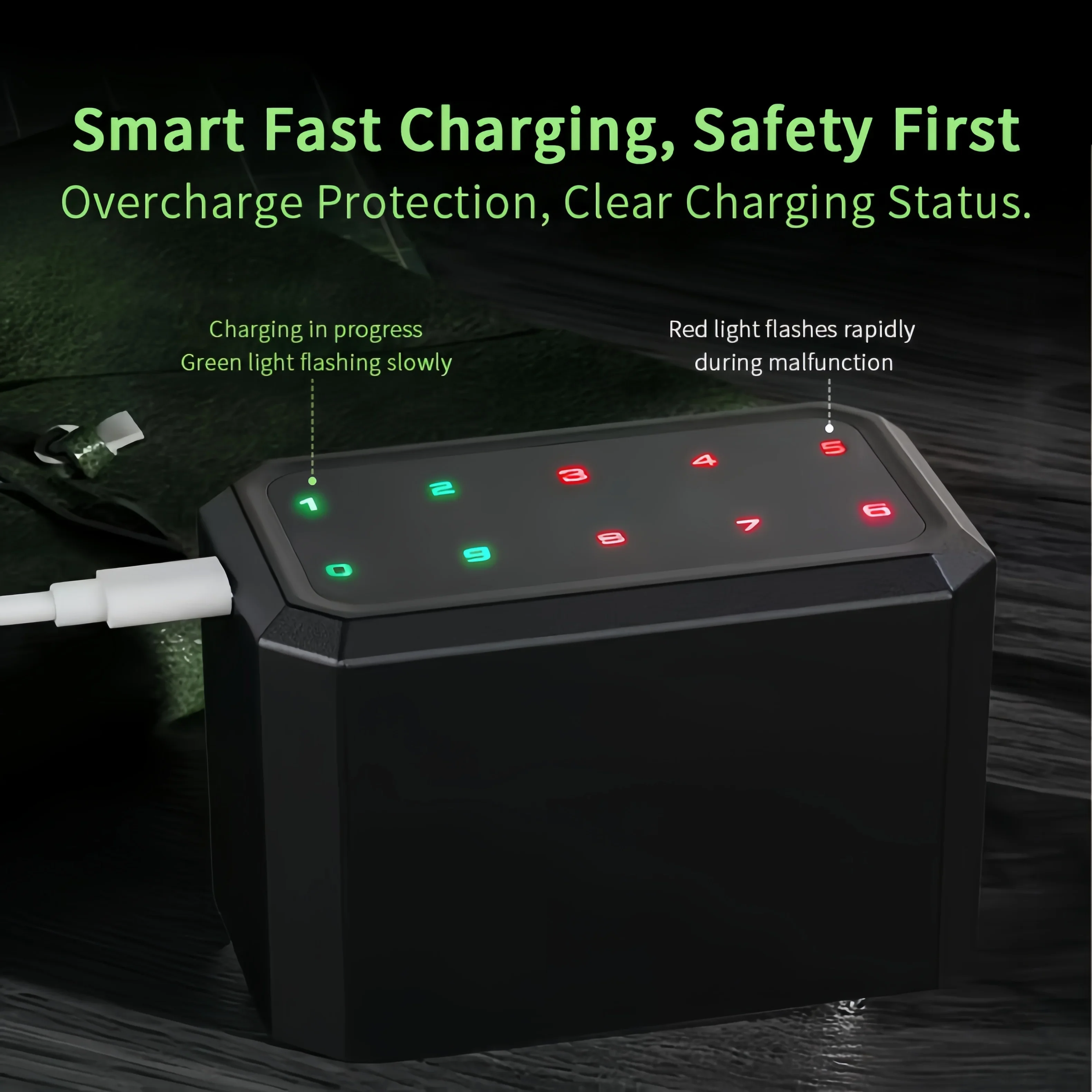 Smart Battery Charger | Fast Charging 10-Slot AA Lithium Station, Compact and Portable