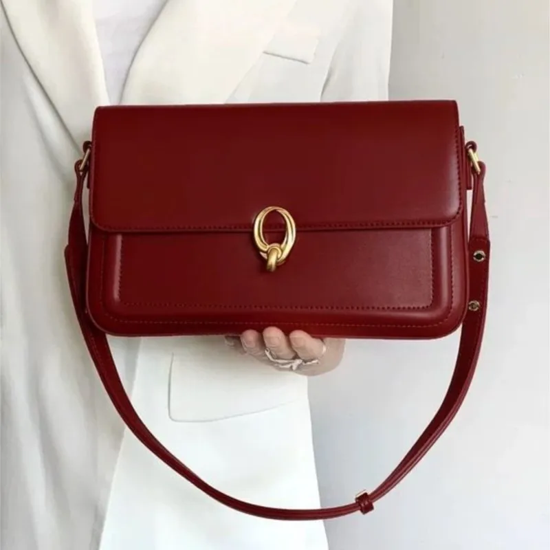 Retro Red Lock Handbag Women Square Stitch Leather Large Capacity Shoulder Bag Ladies Elegant  Luxury Design Underarm Bag 2025