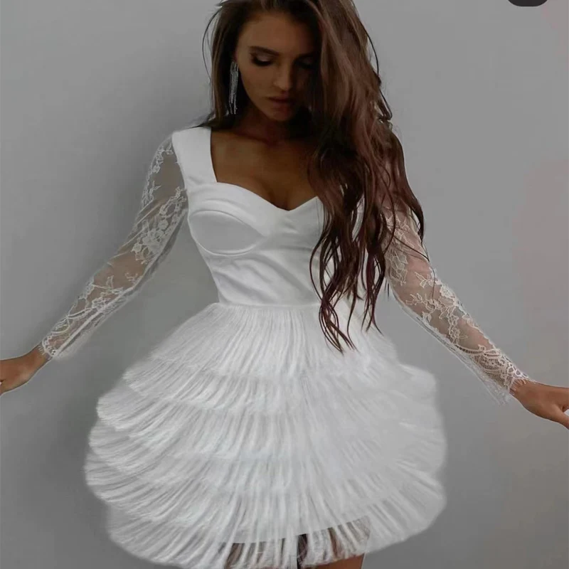 

Wholesale Women's 2022 black & White Lace Tassel Long Sleeves Square Collar Sexy Evening Celebrity Cocktail Party Bandage Dress