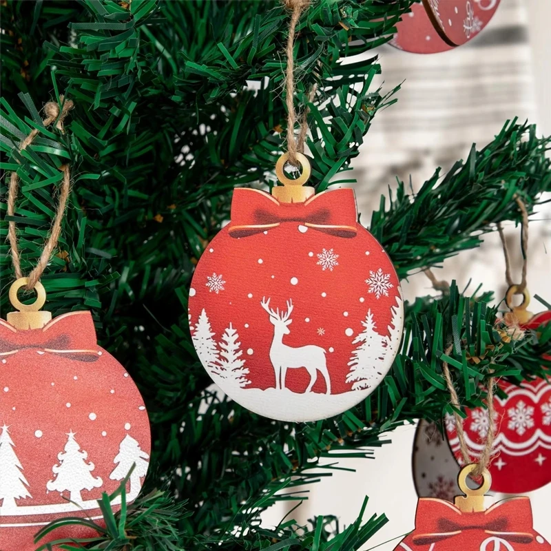 12Pcs Wooden Christmas Ball Ornaments Xmas Tree Hanging Pendant DIY Craft Merry Christmas Decoration For Home 2025 New Year Gift