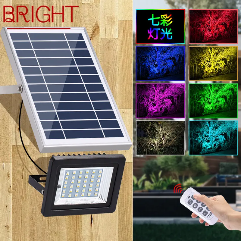 BRIGHT Outdoor Solar Flood Light Remote Control Wall Mounted Waterproof IP65 Colorful Gradient LED For Courtyard Street Lamp 2000w outdoor solar floodlight 1632led high power ultra bright waterproof remote control adjustment spotlight courtyard lighting