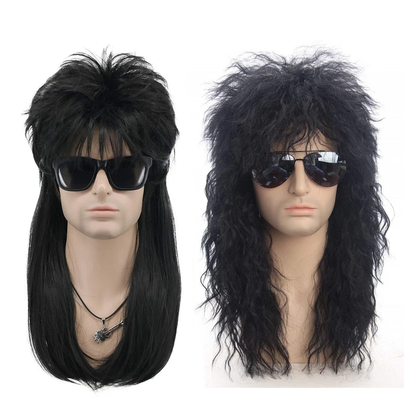 

80s Men's retro Long Straight Hair Band Bangs black Mullet Cosplay Punk Heavy Metal Rock style wig Halloween carnival act props