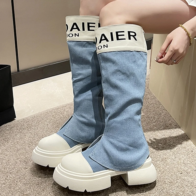 

Women Platform Knee High Chelsea Boots Winter New Flats Shoes Casual Motorcycle Boots Zipper Gladiator Goth Lady Snow Boots