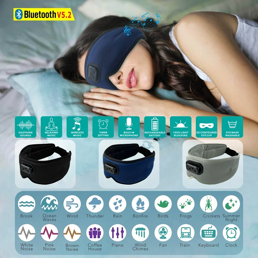 

Sleep Headphones White Noise Cancelling Music Bluetooth 5.2 Silk Eye Mask Auto Shut Off 100% Light Blackout Sleeping Eye Covers