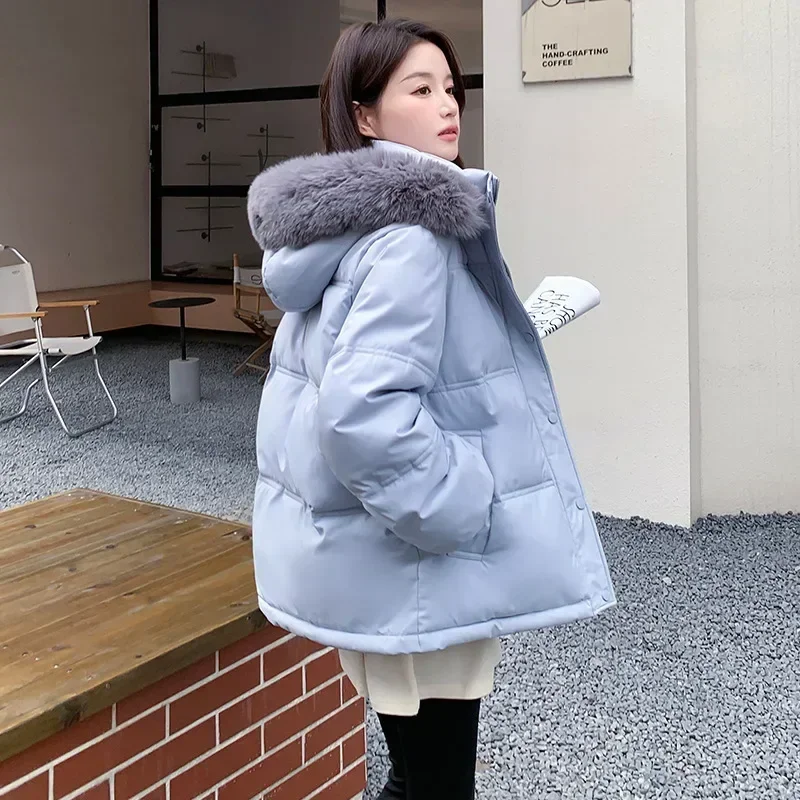 

Короткая зимняя пуховая куртка для женщин с большим воротником, утепленная Новинка 2023, Корейская свободная облегающая хлопковая куртка, трендовая