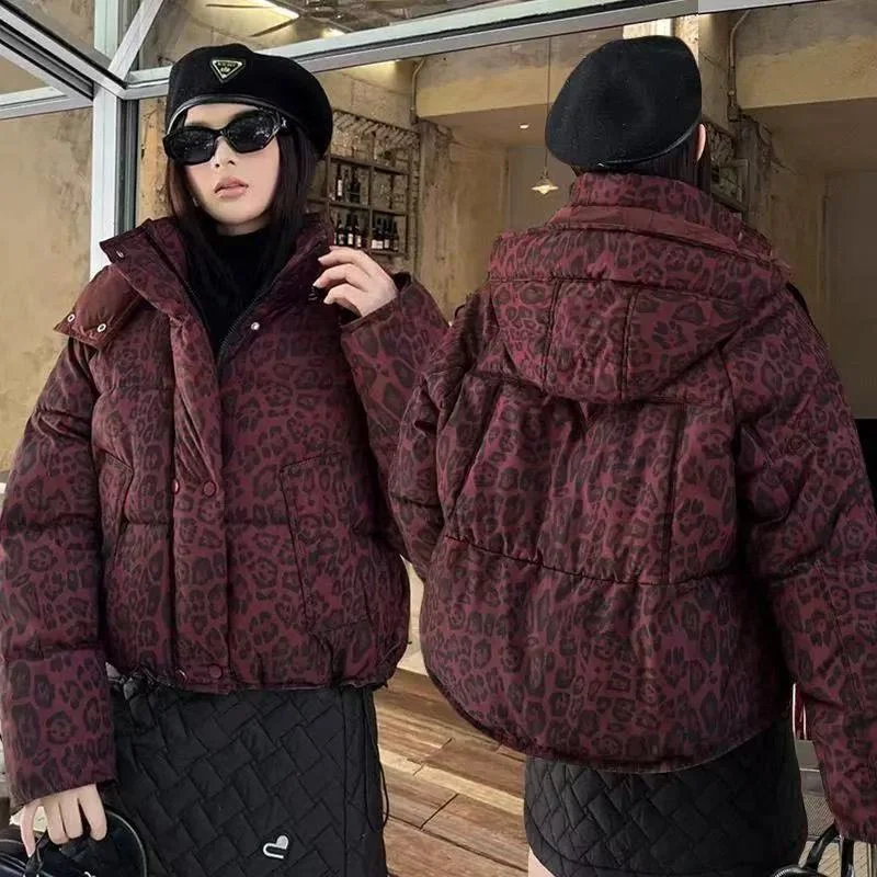 Leopard print down cotton jacket short style 2026 new winter fashion loose and thick stand up collar bread jacket