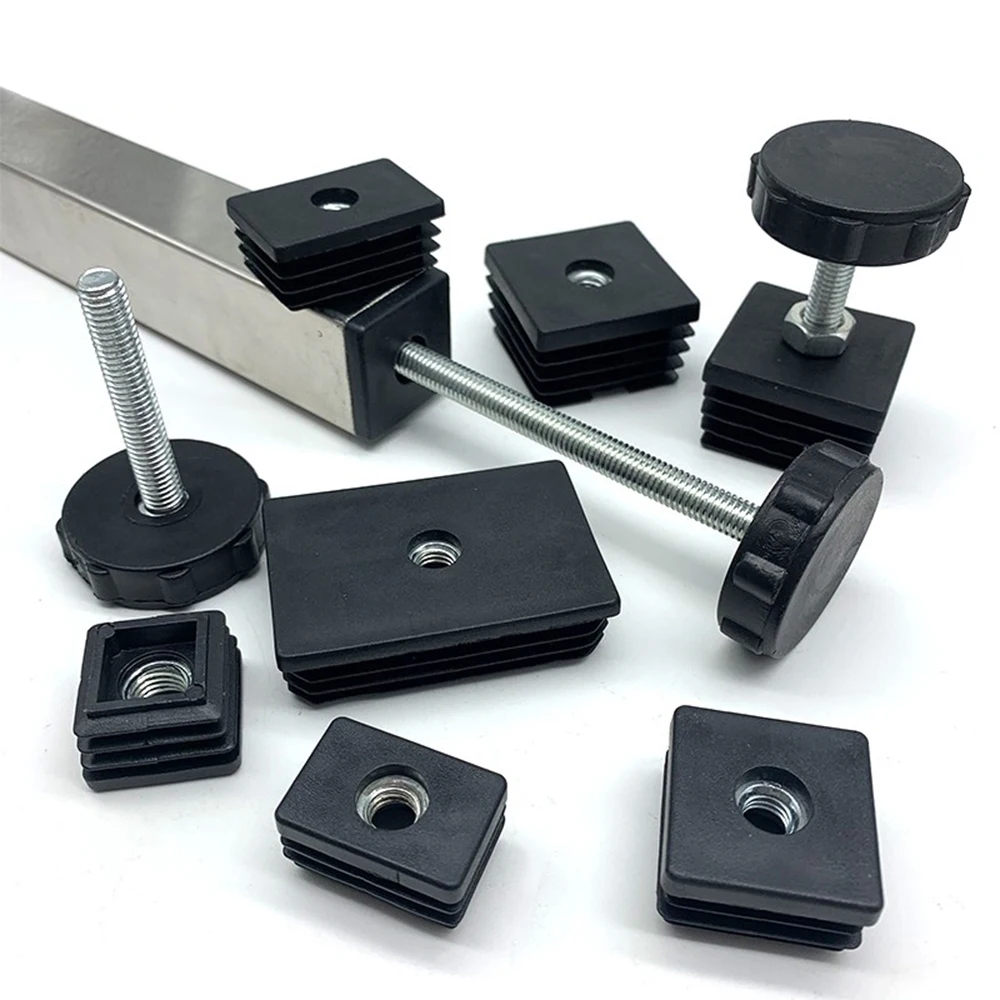 4Pcs Square Adjustable Foot Mat With M8 Nut Pipe Plug Black Rectangle Tube Furniture Leveling Feet Levelers For Table Chair Legs table foot pad