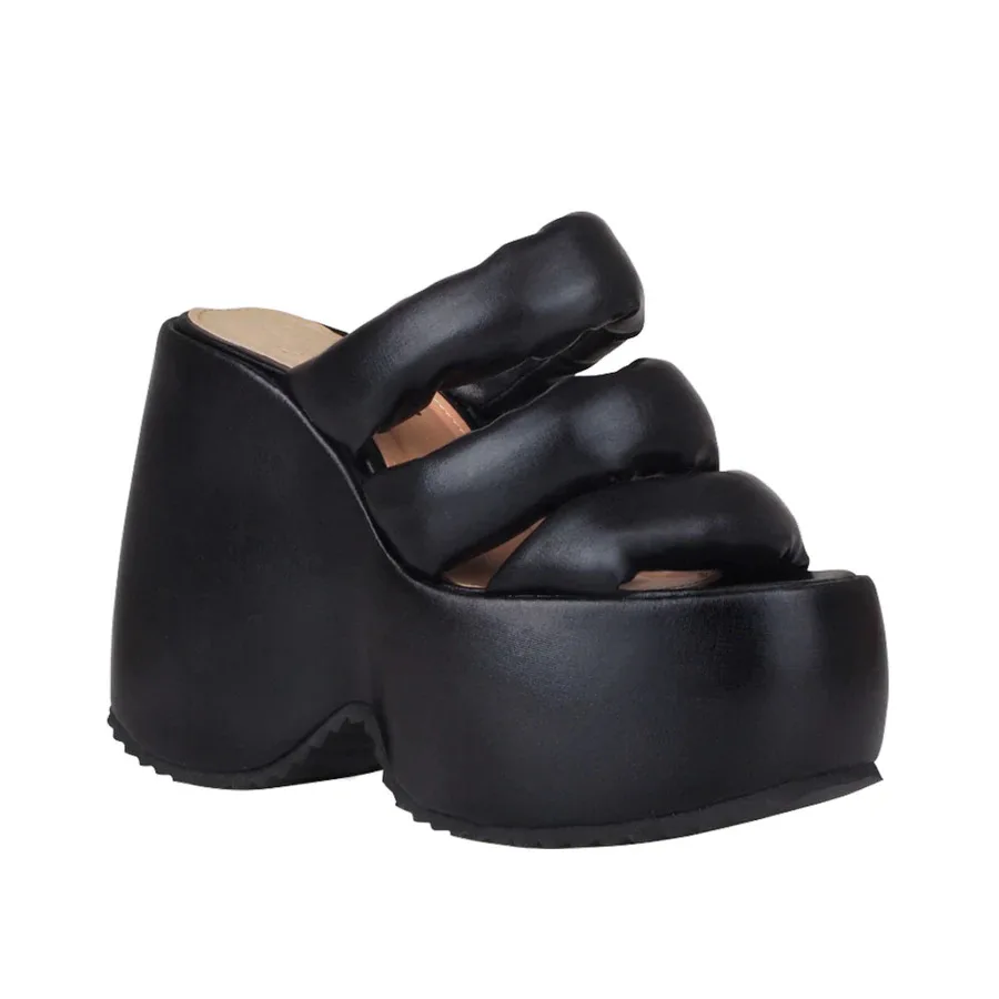 European and American Fashion Round Toe Straight Line Thick Sole Sloping Heel High Heels Women's Shoes Sandals and Slippers