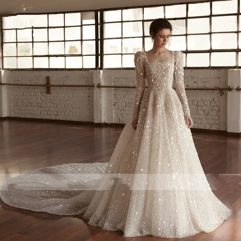 ALineLuxuryWeddingDresses2023SquareNeckLongSleevesVestidoDe