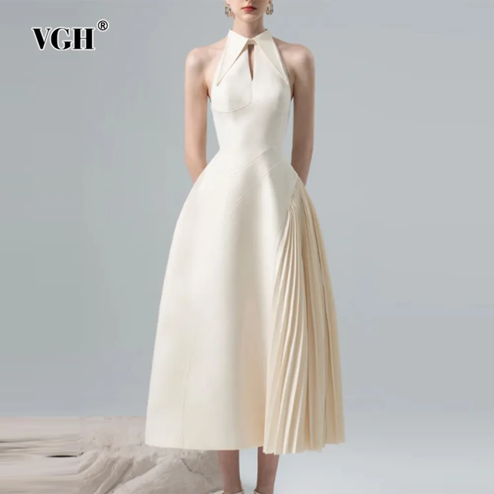 

VGH Solid Patchwork Folds Elegant Dress For Women Lapel Sleeveless High Waist Slimming Temperament Long Dresses Female Fashion