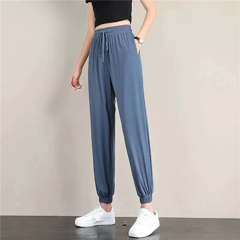 Hot Women's Wide Leg Pants Ice Silk Sweatpants Loose Bunched Feet Loose Leggings Thin Casual Sanitary Elastic Slacks Pants