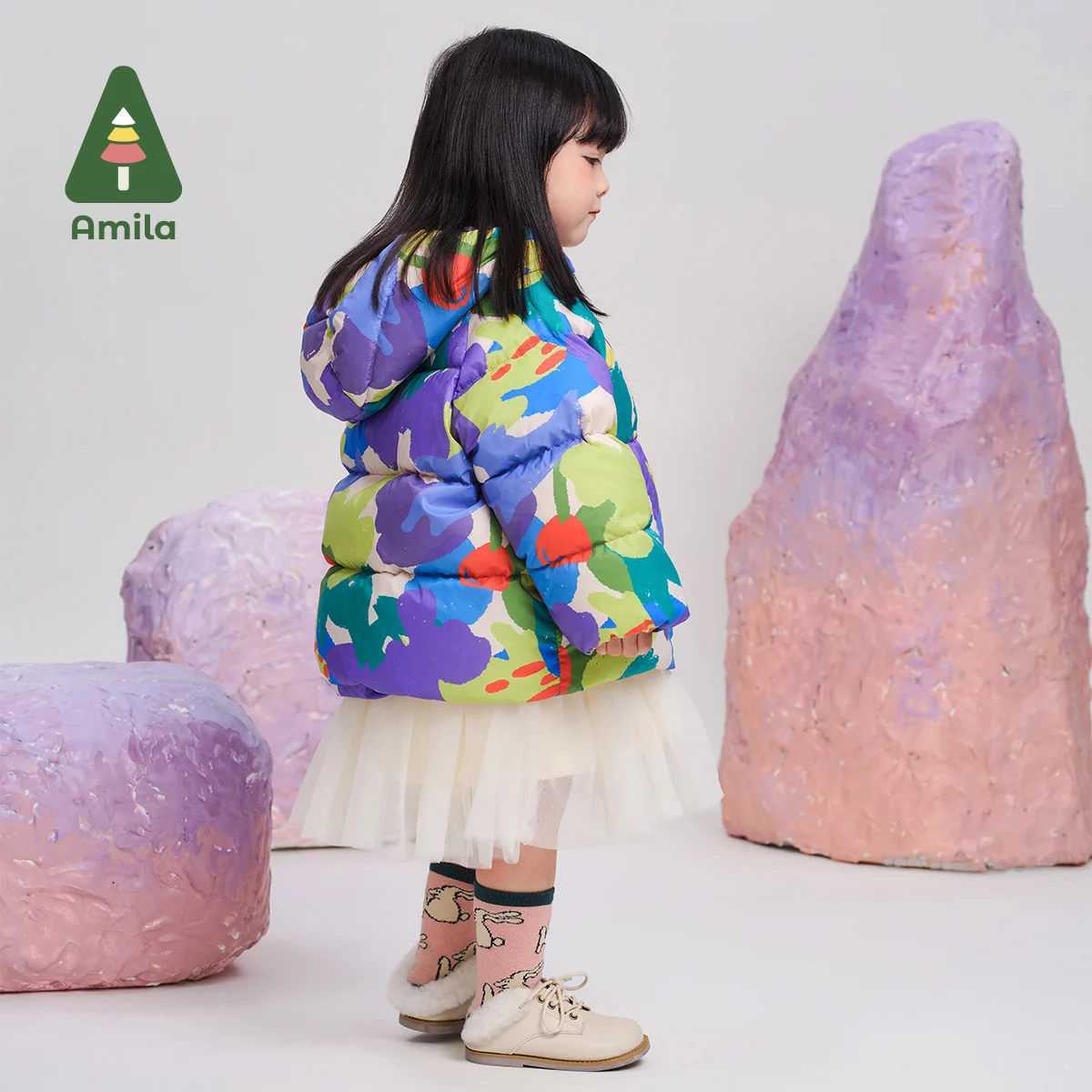 Amila Baby Down Jacket Winter New High Quality Girls Hooded Graffiti White Duck Down Warm Loose Casual Children&lsquo;s Jacket