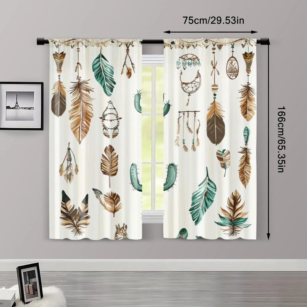2pcs, Popular Curtain Panels 2D print Cactus and feathers Machine Washable Fabric (without rod) Thermal Insulation, and Room 3