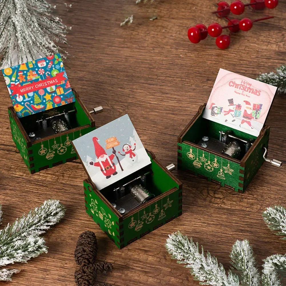 Jingle Bells Music Box Color Printing Wooden Carved Hand Crank Musical Box Birthday Present New Year Christmas Gift