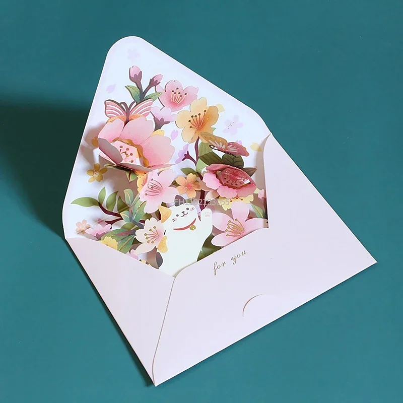 1Set Romantic Flower Birthday Christmas Card 3D Pop-up Greeting Cards Set Postcard Party Wedding Decorations Creative Girl Gifts