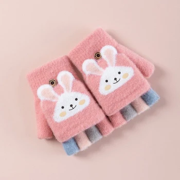 Winter Warm Kids Flip Cover Five Finger Goves Cartoon Bunny Children Knit Mitten Primary School Students Writing Gloves 4-12year