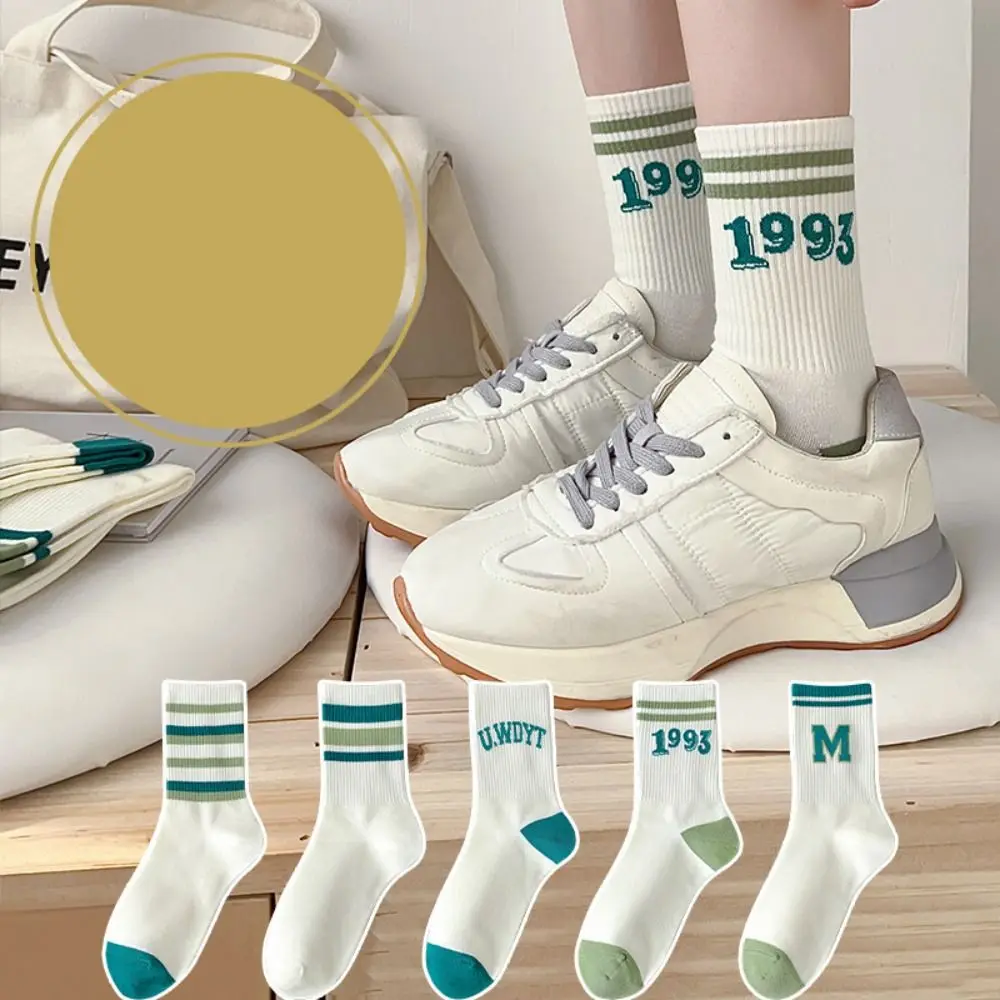 

Fashion Simple Green Stripe Letter Socks For Women Girls Sports Socks Middle Tube Socks Casual Cotton Socks Female Hosiery
