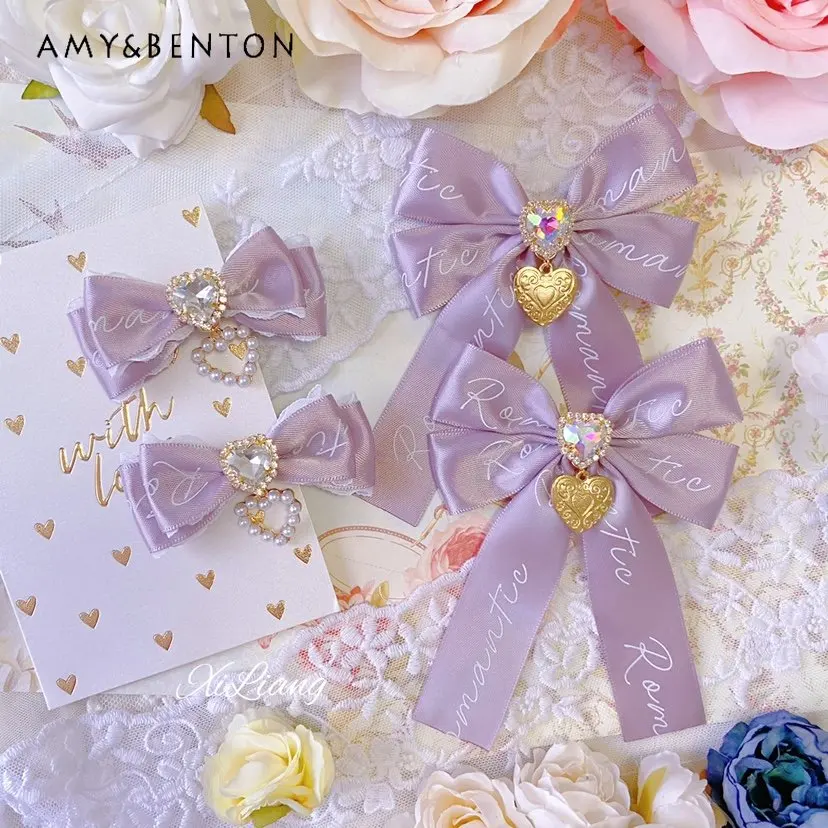 accessoires femme Japanese Lolita style hair clips for girls Sweet Purple Heart Rhinestone Bow Exquisite Hair Clip Side Clip femme heart cutout rhinestone decor sleeveless crop top