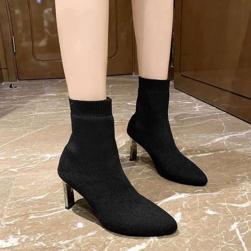 2024 Autumn and Winter Sexy Sock Boots Knitted Stretch Boots High Heels Women's Fashion Shoes Short Boots Women's Boots