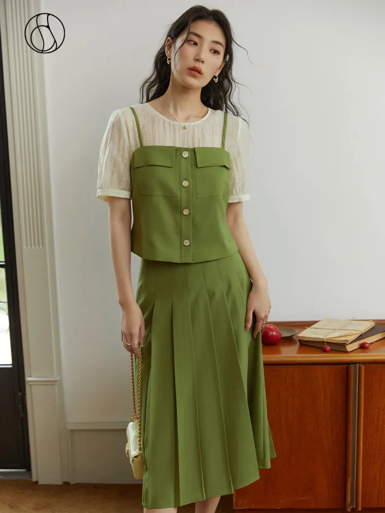 DUSHU Three-piece French Fashion Suit for Women Summer Niche Design Light Shirt + Small Vest Strap + A-Line Pleated Skirt Female dushu college style age reducing intellectuals wind pressed pleated skirt for women spring new high waisted a line skirt female