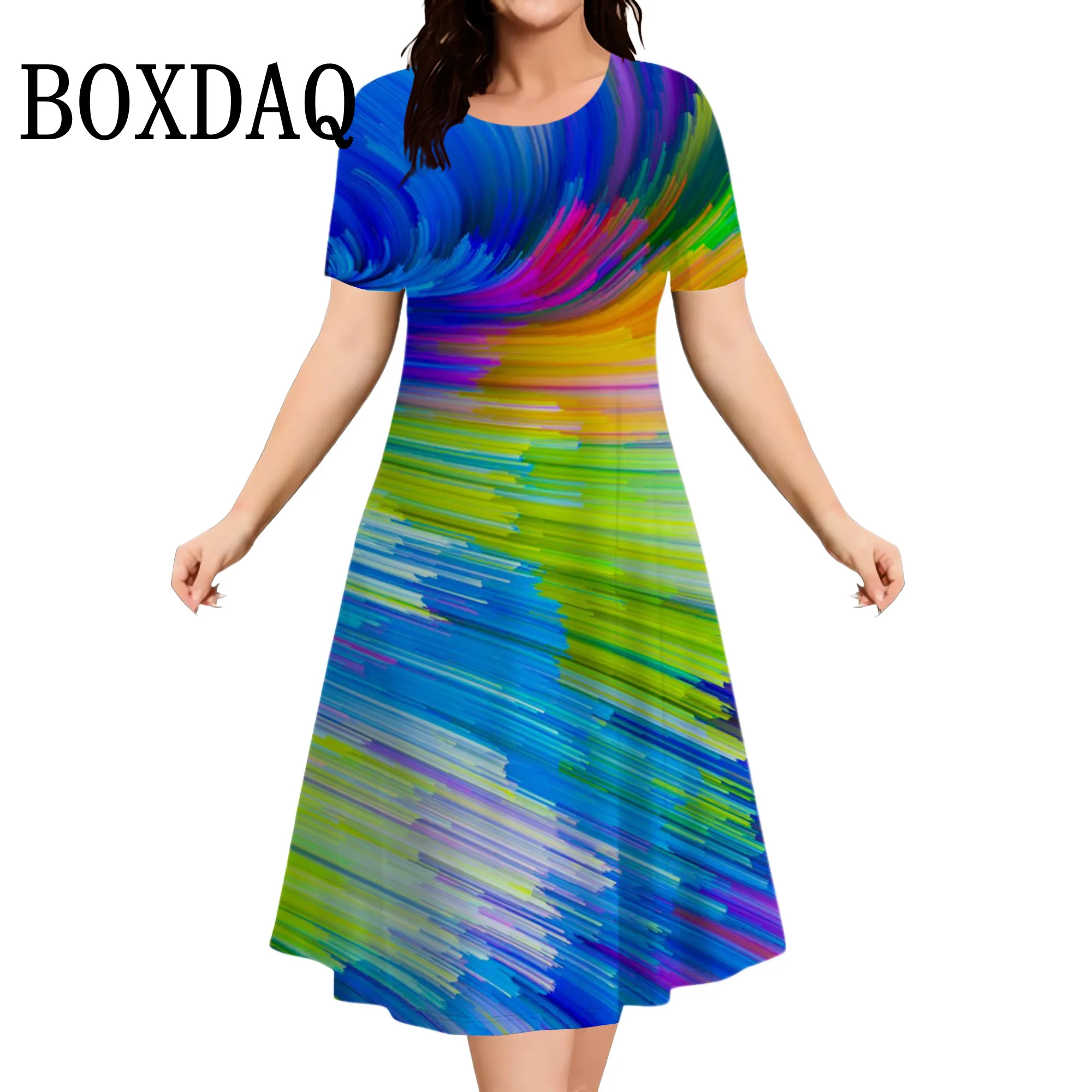Gradient Tie Dye Striped Dresses For Women 2025 Summer Fashion Plus Size Dress Short Sleeve Loose Casual Print Dress 9XL Clothes