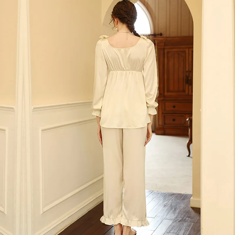 Women 2 Piece Pajamas Sets Print Pijama Faux Silk Satin V-Neck Pyjama Female Sleepwear Long Sleeve Bow Top Pants Suit Homewear