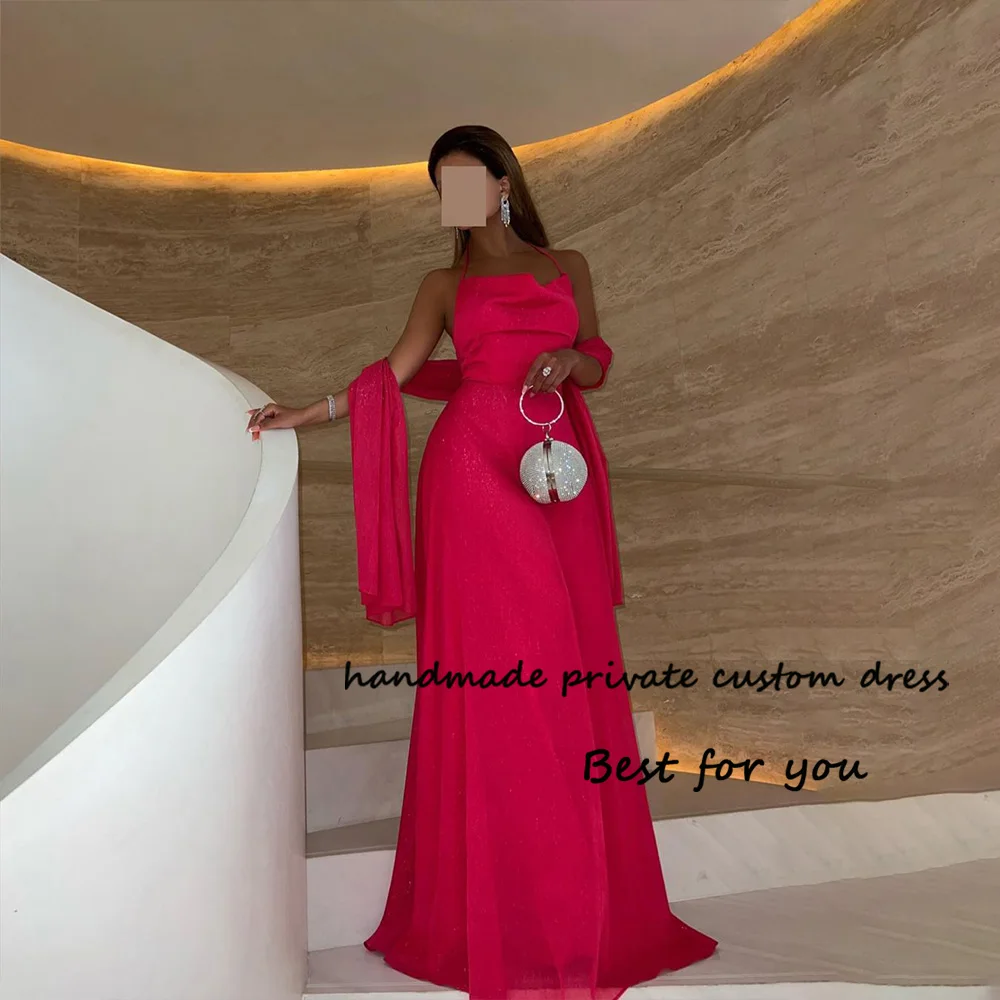 

Hot Pink A Line Evening Dresses for Women Halter Strapless Dubai Arabia Formal Dress with Train Long Prom Party Gowns