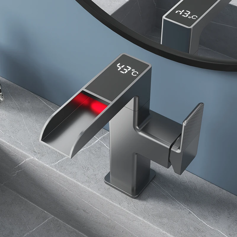 Rubinetto Lavabo A Cascata Con Luci LED Che Cambiano Colore - Indicatore Temperatura, Autoalimentato, Facile Installazione, Design Moderno