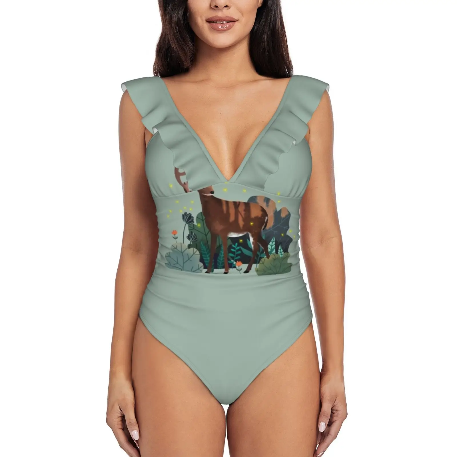 

Новый купальник с принтом оленя в лесу, купальник с глубоким V-образным вырезом и оборками, Цельный купальник, пляжная одежда, монокини с оленями, лесными животными, природой