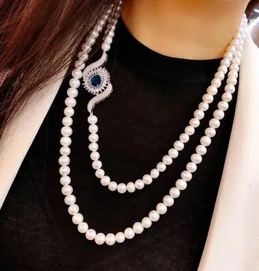 

Женское жемчужное ожерелье, изысканное длинное ожерелье из белого пресноводного жемчуга 8-9 мм, свадебный подарок для невесты, цепочки для свитеров