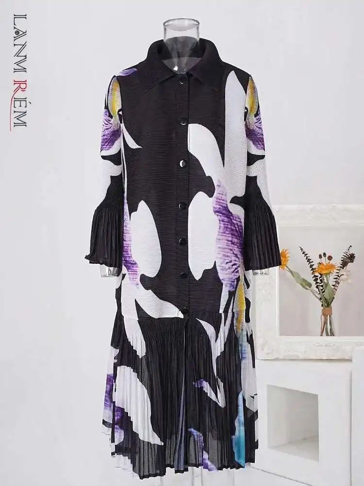 LANMREM 2024 New Pleated Print Dress For Women Fashion Lapel Single Breasted Loose Long Contrast Color Female Dresses 2DA4600