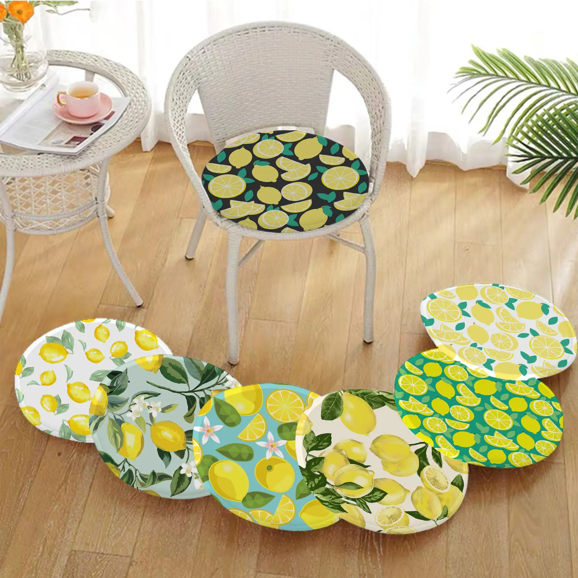 

Summer Green Leaves Fruit Lemon Round Seat Pad Household Cushion Soft Plush Chair Mat Winter Office Bar Stool Seat Mat