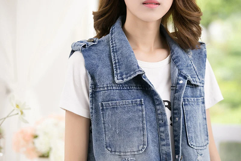 Spring Fall 2022 New Fashion Mid-Length Denim Jacket Vests Women Sleeveless Hole Jeans Waistcoat Casual Vest Outerwear Plus Size long down puffer coat