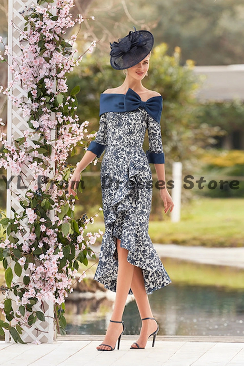

YL Navy Blue Bow Off The Shoulder Mother Of The Bride Dresses Printed Florals Wedding Guest Gowns Midi Length Party Dress