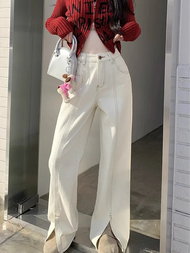 

Джинсы GUUZYUVIZ женские с завышенной талией, повседневные брюки из денима с разрезом и широкими штанинами, модные ковбойские штаны в Корейском стиле, белые, Y2K