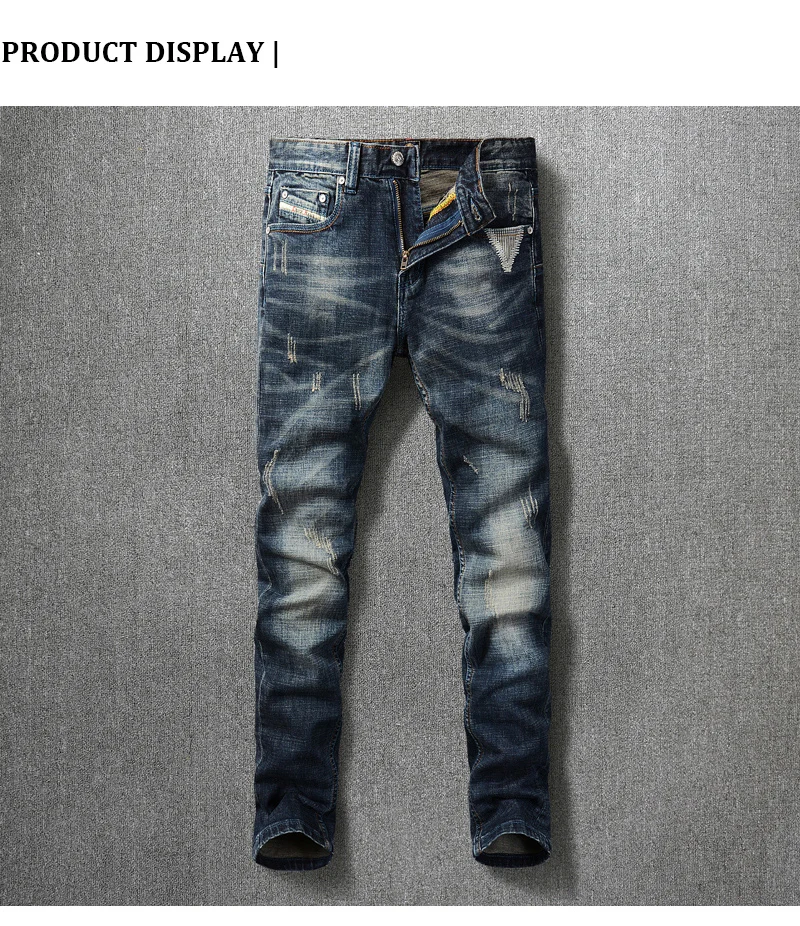 Men Jeans Retro Black Blue Slim Fit Ripped Jeans | inoava.com