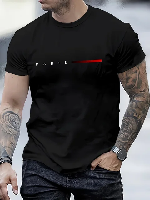 Men's 100% Polyester summer loose PARIS Creative Letter print casual slim fit round neck short sleeved T-shirt top 1