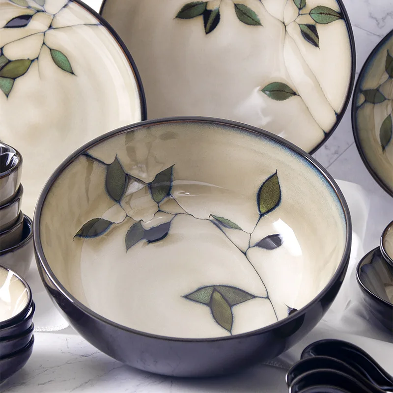 Vintage Japanese Ceramic Bowl Creative Hand-painted Rice Plate Bamboo Leaf Soup Bowl Salad Underglaze Colored Small