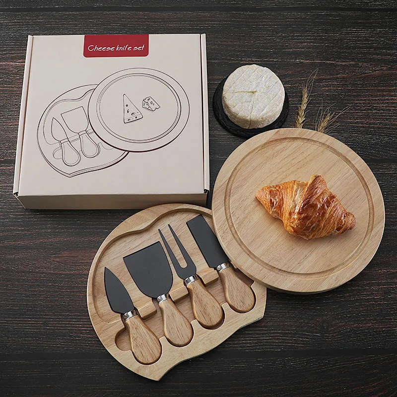 Round Oak Box 4-piece Cheese Knife Spatula Stainless Steel Cheese Tool Tableware Knife Set Gift Box