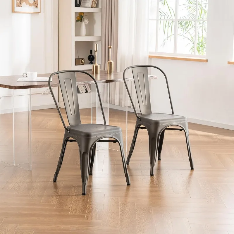 Metal Patio Dining Chair Set of 4 Dark Grey Farmhouse Tolix Style for Kitchen Dining Room Restaurant Bistro Stackable 6
