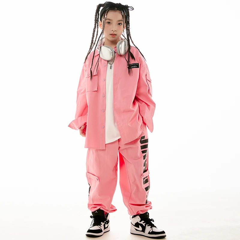 Girls Jazz Dance Costume Pink Long Sleeves Coat Pants Loose Hip Hop Suit Boys Street Dance Performance Wear Stage Clothes
