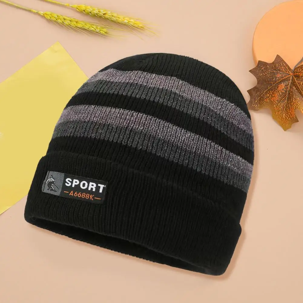 

Color-blocked Knit Cap Men's Winter Knitted Hat Striped Color Matching Thick Elastic Warm Soft Windproof Beanie for Outdoor
