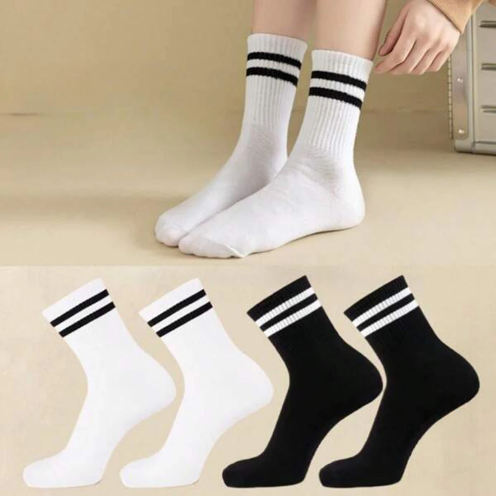 4 Pairs Versatile Women's Socks Simplicity Parallel Bar Pattern Fashion Breathable Autumn Mid Length Socks