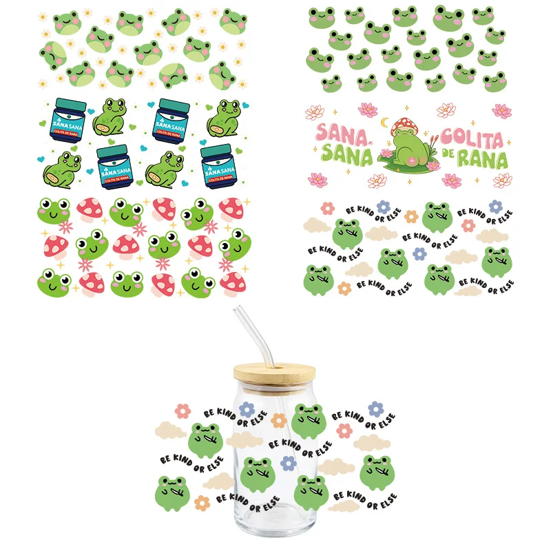 Cute Frog UV DTF Wrap Transfer Stickers Cartoon Green Design DTF Wrap For Glasses Cups Decals Waterproof Decal
