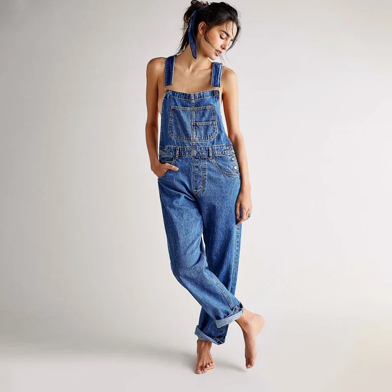 Spring and summer blue denim jumpsuit women's casual denim work clothes denim overalls large size loose slim fit retro jumpsuit