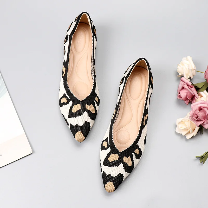Breathable Polyester Shoes Women Spring Flats Pointy Toe Ballerinas Ladies Stretch Knitted Loafers Daily Dress Comfortable